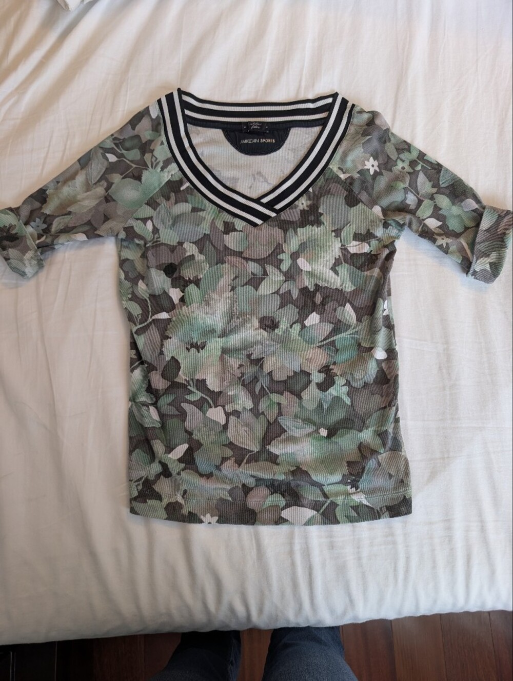 Marc Cain Sport Striped V-Neck Camo Green & White Floral Top